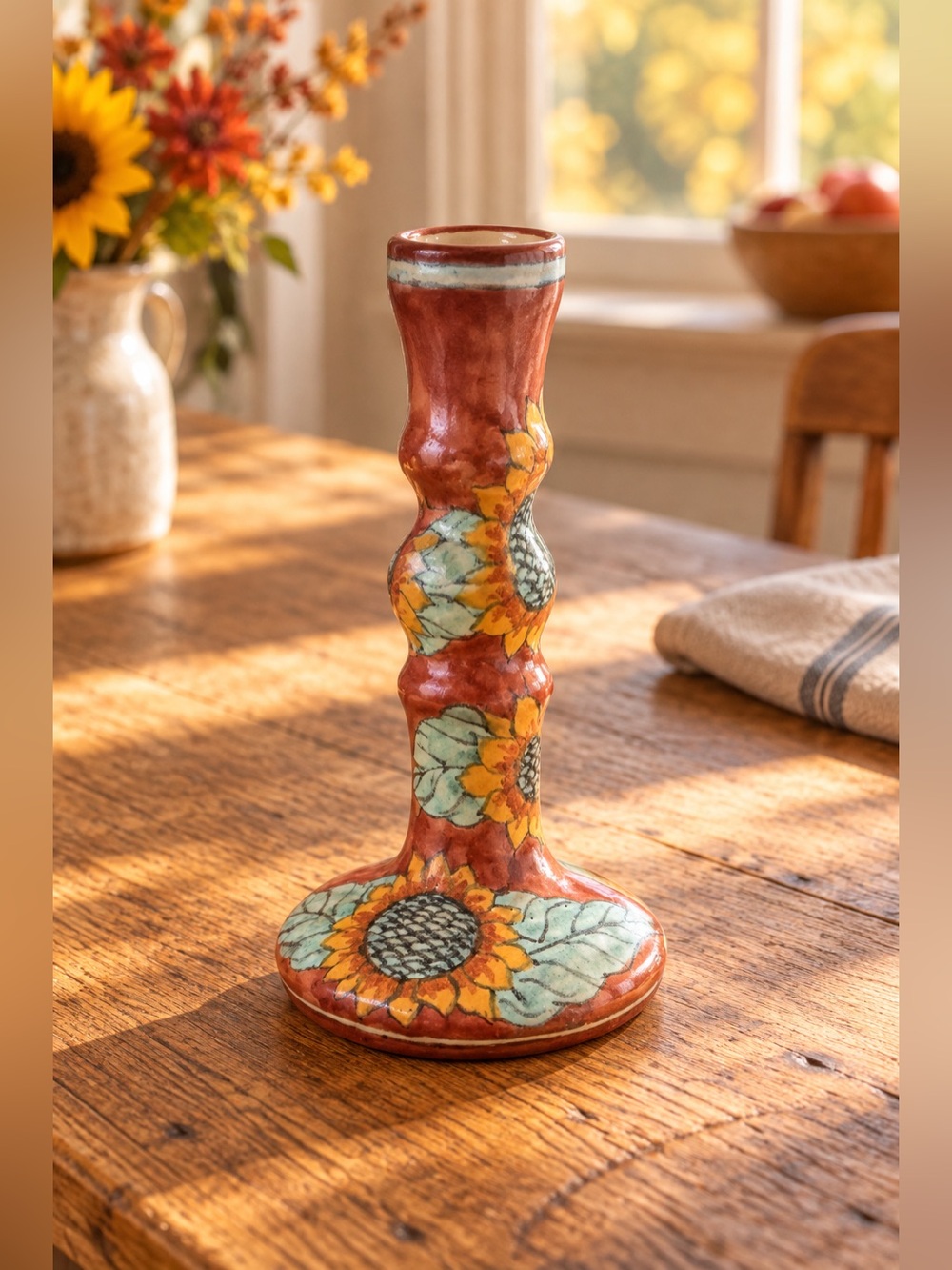 Mexican Pottery Sunflower Taper Candlestick Holder